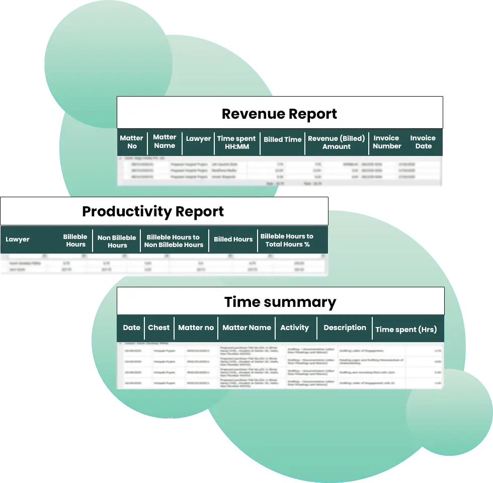 Legal Billing Software showing lawyer productivity, revenue, and detailed time tracking reports.