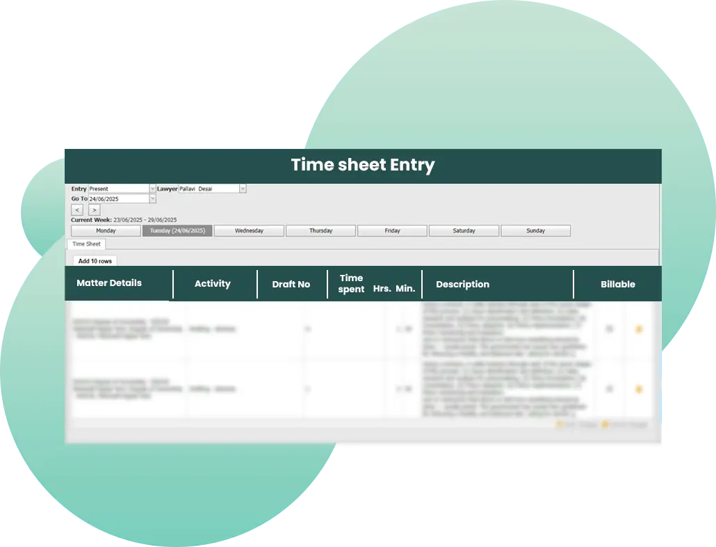 Law firm billing software timesheet entry screen for tracking lawyer activities and billable hours