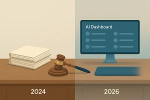 Split-screen lawyer desk showing the evolution of workflows from paper files to AI dashboards, illustrating the rise of AI in law firms.