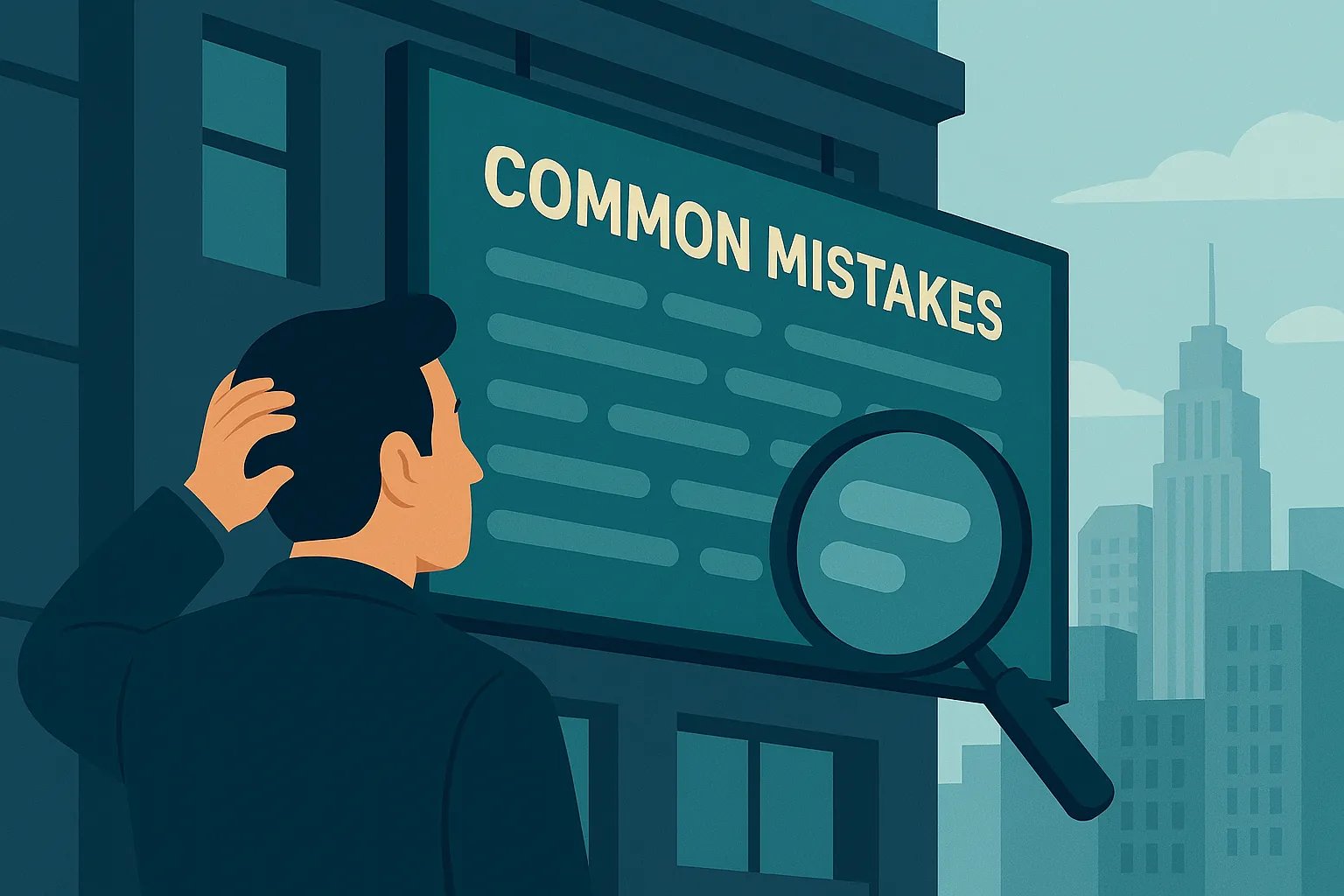 Man viewing city screen showing common legal billing mistakes.