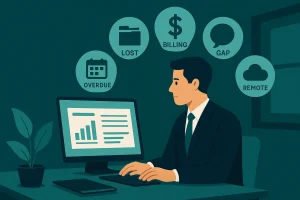Lawyer using legal case management software with dashboard showing billing, overdue tasks, and cloud sync icons.