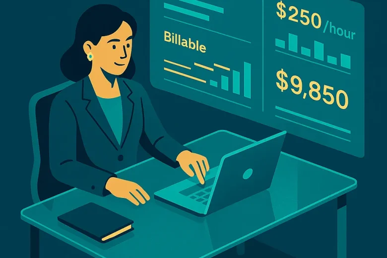 Female lawyer using best legal billing software with billing dashboard on screen