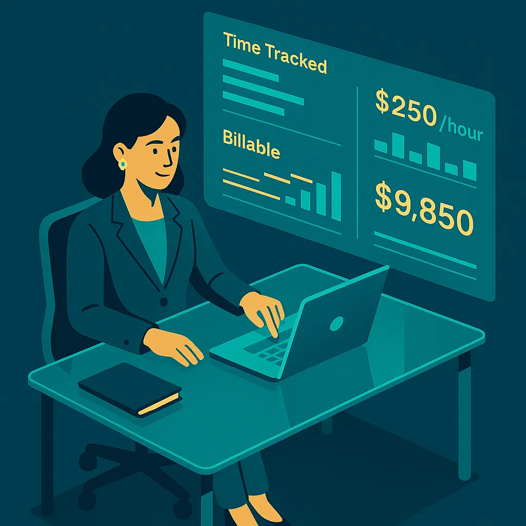 Female lawyer using best legal billing software with billing dashboard on screen