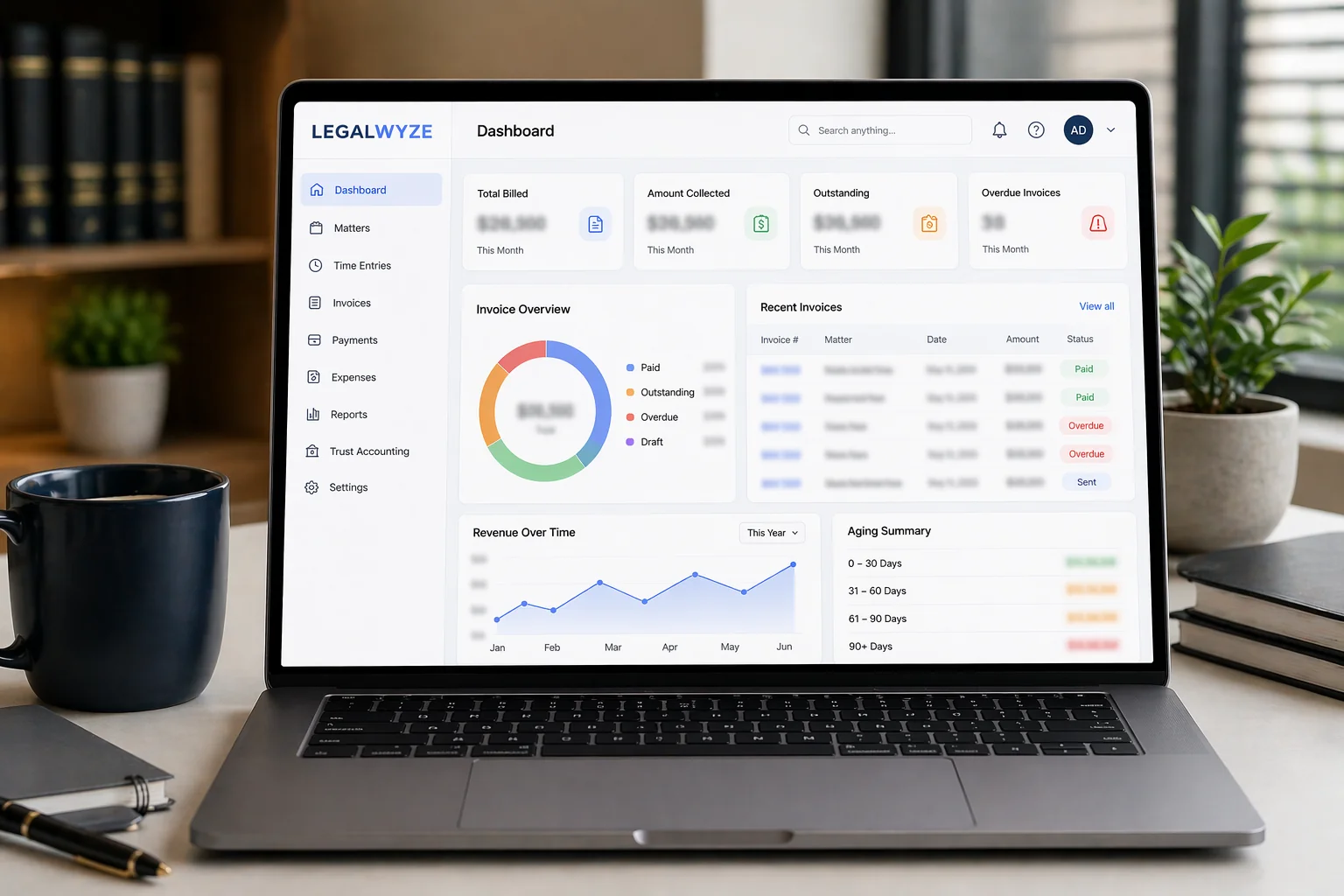 Modern law firm billing dashboard displayed on a laptop showing invoices, payments, and revenue tracking