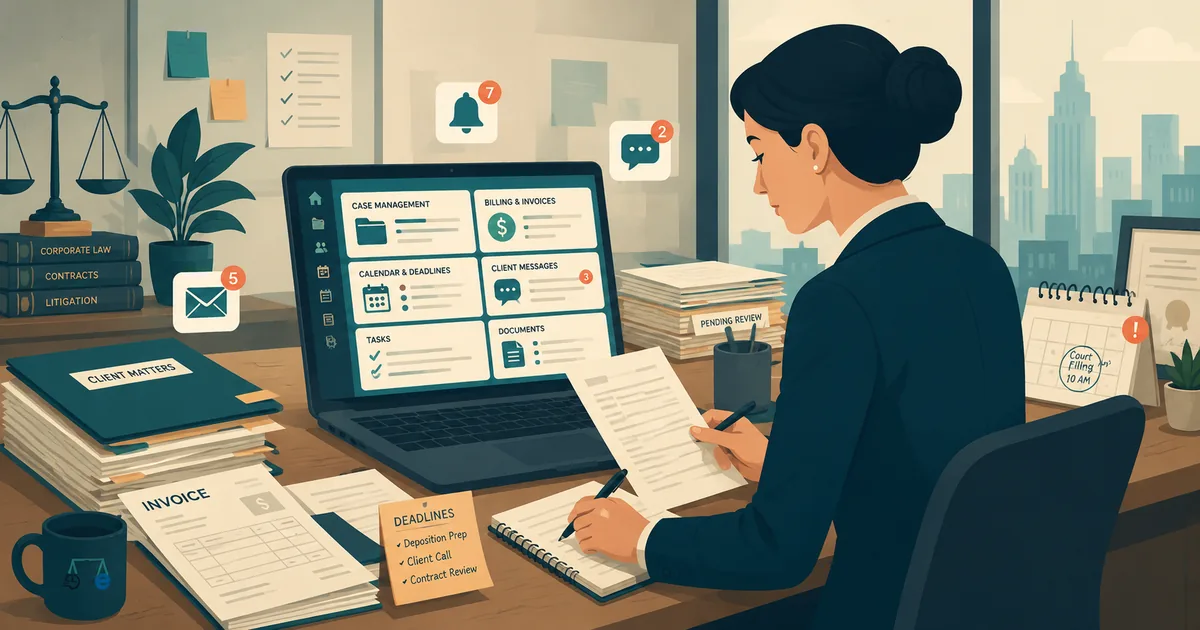Law firm management dashboard showing case files, billing tasks, deadlines, and client communication in a busy legal office