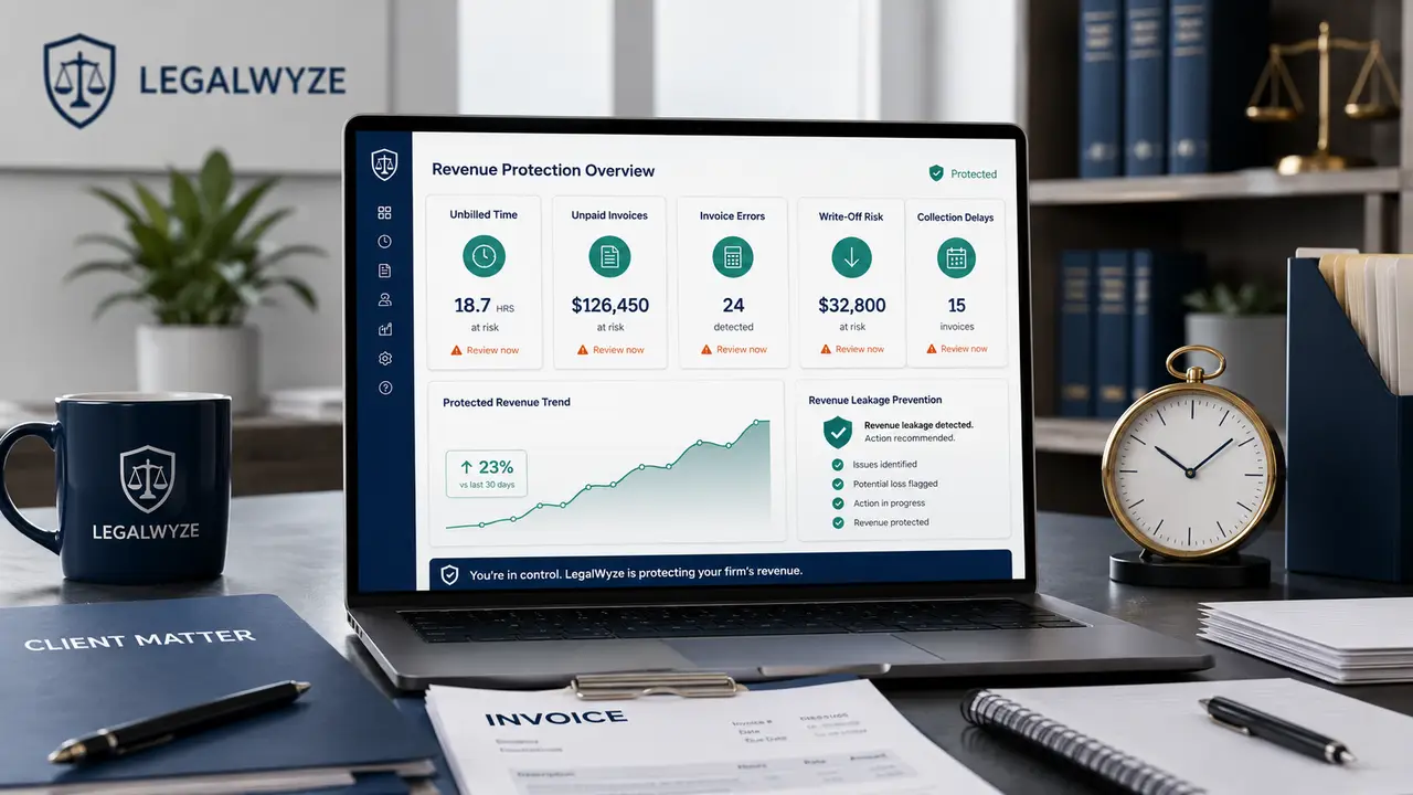Legal billing software dashboard showing revenue leakage alerts for unbilled time, invoice errors, unpaid invoices, and collections.